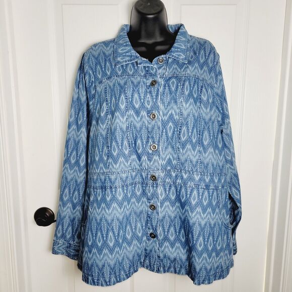 DG2 Diane Gilman Jacket XL Blue Softcell Ikat Elongated Utility Midtone Fitted - Picture 1 of 12